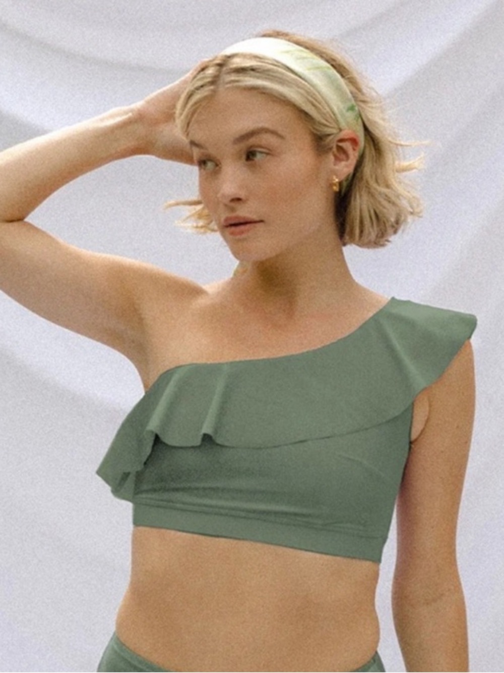 Albion One-Shoulder Ruffle Bikini Top in Sage Green